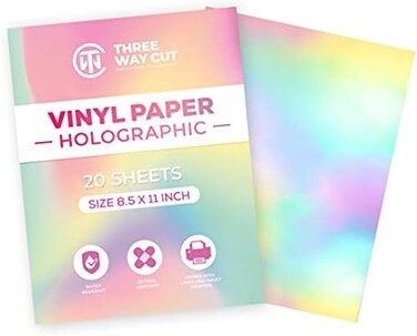 Three Way Cut Holographic Vinyl Sticker Paper 20 Sheets 8. 5 x 11" Waterproof Printable Paper for InkjetLaser Printer, Dries Quickly, Self Adhesive, with CricutSilhouette Rainbow Sticker Printing.