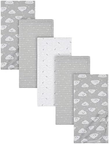 Gerber Boys and Girls Newborn Infant Baby Toddler Nursery 100% Cotton Flannel Receiving Swaddle Blanket, Clouds Grey, 5-Pack.