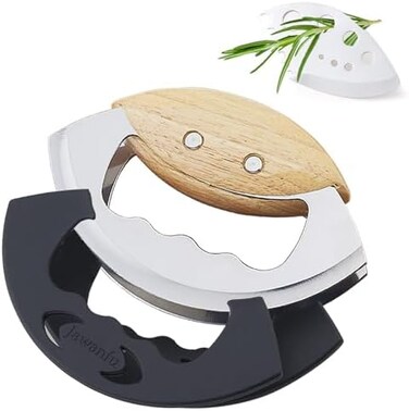 Jawanfu Salad Chopper, Ultra-sharp Salad Chopper Tool for Chopped Salad, Handheld Lettuce Chopper Kit for Salad Bowl, Wood Handle Salad Cutter, Stainelss Steel (Double Blade.