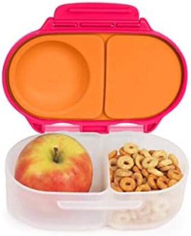 b.box b. box Food Storage Container with Two Sealed compartments and Silicone Material, Reusable Snack Box for Kids with Open or Close Clip (Strawberry Shake.
