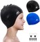 Alepo 2 Pack Kids Swimming Cap Boys Girls, Durable Silicone Swimming Hat with 3D Ear Pockets for Age 3-15 Toddler Child Youth Teen, Bath Swim Cap for Short/Long Hair with Ear Plugs Nose Clip.