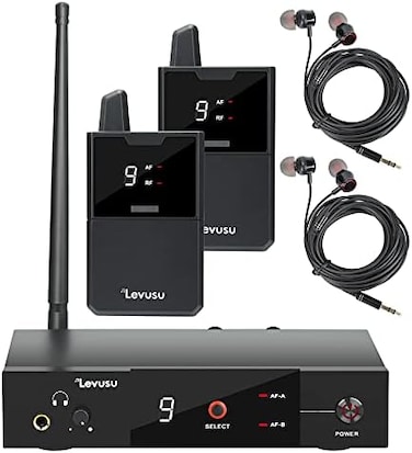 Levusu Pro UHF Dual Wireless in-Ear Monitor System with Earphone,180Ft, Rack Mount, Professional IEM Stereo System Transmitter and Beltpack for Studio, Band Rehearsal, Live Performance (2 Bodypack.