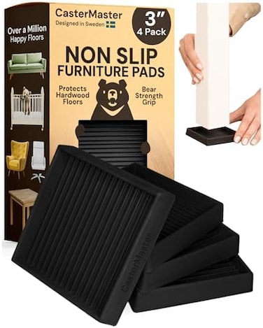 CasterMaster Non-Slip Furniture Pads Square Rubber Anti-Skid Caster Cups, Anti-Sliding Floor Protectors for Furniture (Black, 3'' x 3'' (Pack of 4.