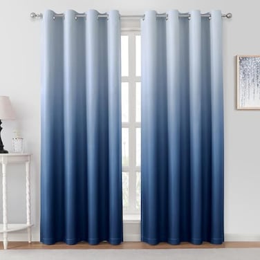 HOMEIDEAS Navy Blue Ombre Blackout Curtains 52 X 96 Inch Length Gradient Room Darkening Thermal Insulated Energy Saving Grommet 2 Panels Window Drapes for Living Room, Bedroom.