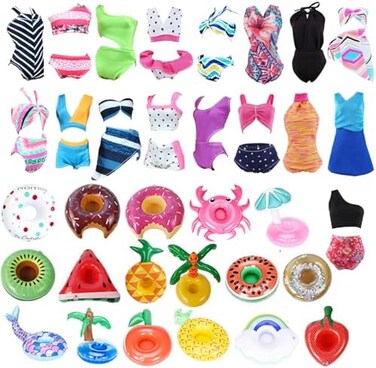 E-TING 11 Items= 3Pcs Doll Beach Bikini Swimsuit3Pcs Swim Ring5Pairs Shoes for 11. 5 inch Girl Doll（Random Style.