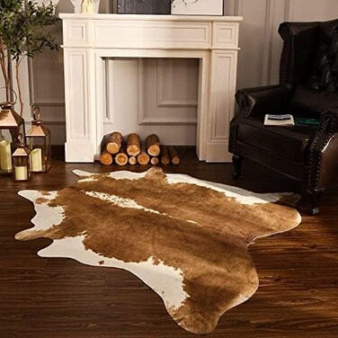 BENRON Premium Faux Cowhide Rug, Cow Print, Rustic Western Rugs for Living Room Bedroom, Irregular Animal Skin Hides, 4. 6 x 5. 2ft, Anti-Skid Cool Carpets for Cowboy Cowgirl Home Decor, Khaki Brown.