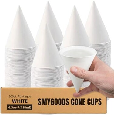 أكواب Smygoods الورقية البيضاء المخروطية للاستخدام مرة واحدة (عبوة من 200 كوب - 4.5 أونصة) صديقة للبيئة، مانعة للتسرب، مثالية للمناسبات، مبردات المياه، ترطيب سريع، تنظيف فعال.