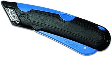 Veltec Self-Retracting Blade Safety Cutter, Left and Right Edge Guide, 3 Depth Setting, Preloaded with 2 Blades - Black/Blue (VC900.