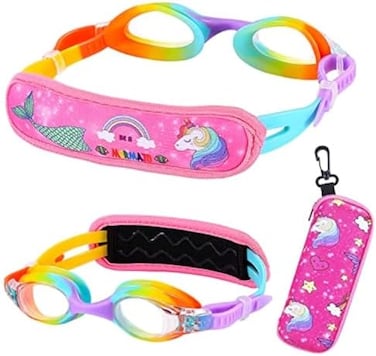 RUIGAO Swim Goggles For Kids 6-14, Kids Goggles for Swimming, Rainbow Swim Goggles with Strap Cover for Girls （ MermaidUnicorn.