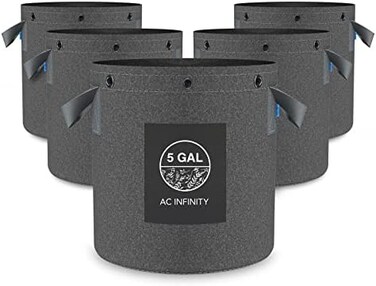 AC Infinity 5-Pack 5 Gallon Heavy Duty Aeration Fabric Pots with Rings - For Low Stress Plant Training.