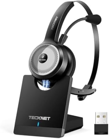 TECKNET Bluetooth 5. 0 Headset with Microphone for PC, USB Wireless Headset with Mic for Work, 40Hrs Worktime AI Noise Cancelling On Ear Bluetooth Headphones with Charging Base for Laptop/Call Center.