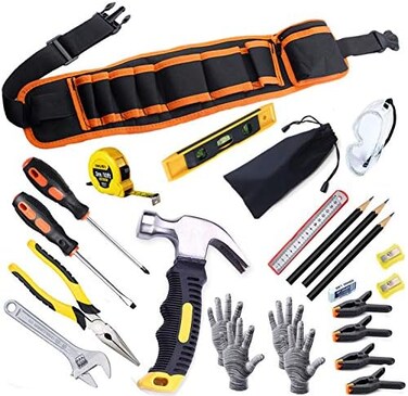 QeeHeng Kids Tool Set 25Pcs Construction Real Tools Kit for Young Builder,Children Size Real Hand Tool Hammer,Home DIY Woodworking Tools Junior BoysGirls Teens Beginner Learning Gift,Kids Tool Belt Wa