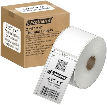 Ecotherm 2. 25" x 4" Thermal Labels4 Rolls1440 Labelsfits Zebra, Munbyn, Rollo, Godex, Arkscan, iDPRT, Offnova Thermal Label Printers and MoreBlank White Adhesive Stickers.