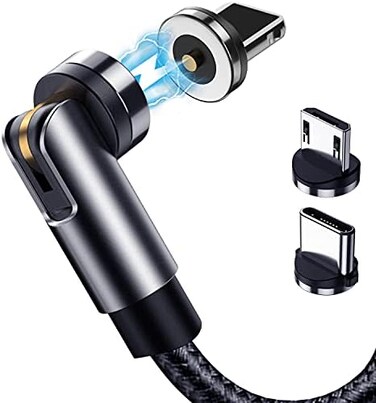 Terasako Magnetic Charging Cable 5-Pack (3/3/6/6/10FT- 540 Rotating Magnetic Phone Charger Cable with LED Light - 90 Angle Connector, Nylon-Braided Cords (Black.
