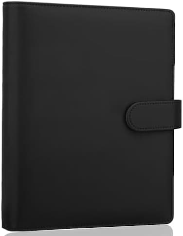 Antner A5 PU Leather 6-Ring Notebook Binder Cover for Filler Paper, Refillable Personal Planner Budget With Magnetic Buckle Closure, Black.