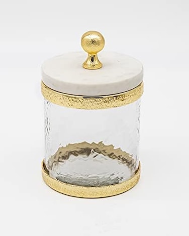 Godinger Canister Storage Container, Glass Storage Canister, Marble with Gold Band - 4x4.