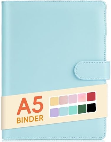 Sooez A5 Notebook Photocard Binder, 6 Budget Binder Ring Planner, Stylish Loose Leaf Personal Organizer Binder Cover with Magnetic Buckle, PU Leather Binder Women with Macaron Colors (Mint Blue.