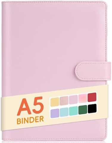 Sooez A5 Notebook Photocard Binder, 6 Ring Planner, Stylish Loose Leaf Personal Organizer Cover with Magnetic Buckle, PU Leather Binder Women with Macaron Colors (Pink.