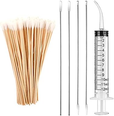 Nuanchu Tonsil Stone Removal Set Includes 4 Stainless Steel Tonsil Stone Removal Tools and 100 Long Swabs with 1 Curved Irrigator Syringe to Get Rid of Bad Breath.