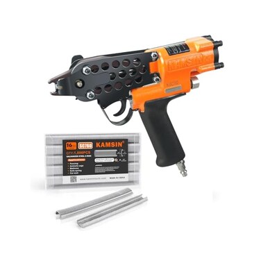 KAMSIN K-SC760 16 Gauge Pneumatic C Ring Gun Kit 1/2-Inch Crown Air Power Hor Ring Gun, 3. 0-4. 8mm Closure Diameter C Ring Stapler Hog Ring Stapler for Spring Mattress, Fencing, Wire Cages, Car Seat.
