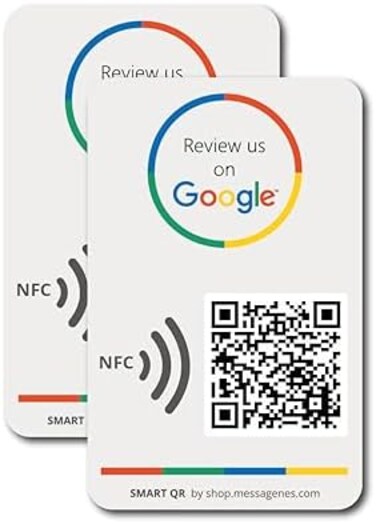 MESSAGENES Review Us on Google QR Code StickersReusable Smart QR Code and NFCPack 2 NFC Card Size Sticker UnitsEasy ReviewsModify Link Whenever You WantGoogle Decal for Business.