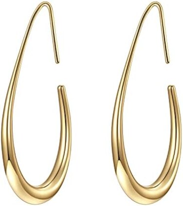 gelanmeng Lightweight Teardrop Hoop Earrings for Women - 14k Gold/White Gold Plated Large Oval Pull Through Hoop Earrings High Polished Statement Jewelry Gift for Women Teen Girls.