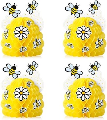 Zonon 4 Pieces Honey Bee Centerpieces Honeycomb Decorations Yellow Bee Honeycomb Table Centerpieces with Bee Sunflower Stickers for Bee Day Gender Reveal Birthday Party Decoration.
