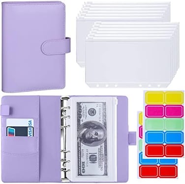 Antner A6 Budget Binder with Zipper Cash Envelopes for Money OrganizerBudgeting, PU Leather Budget Planner Money Saving Binder with Cash Stuffing EnvelopesLabels for Home Office Travel, Purple.