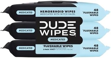 DUDE Wipes Medicated Flushable Wipes, Fragrance Free Wet Wipes with Witch Hazel, Vitamin EAloe, 48 Count (Pack of 3.