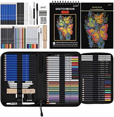 PRINA 76 Pack Drawing Set Sketching Kit, Pro Art Sketch Supplies with 3-Color Sketchbook, Include Tutorial, Colored, Graphite, Charcoal, WatercolorMetallic Pencil, for Artists Adults Teens Beginner.