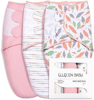 GLLQUEN BABY Swaddle Blankets for Baby Girls, Orange Pink FeatherWave Point, 3 Pack Wrap Set, Newborn Adjustable Swaddles Sleep Sack, 0-3 Months (Small/Medium.
