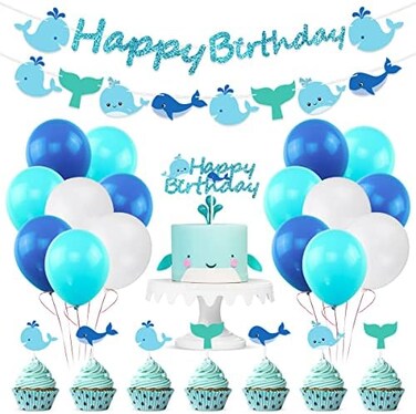 Hpscdyo Ocean Whale Birthday Party Supplies, Sea Green and Blue Banner Cake Toppers Balloons Garland Decorations, Nautical Theme Sea Animals Baby Shower Under The Sea Pool Party for Kids.