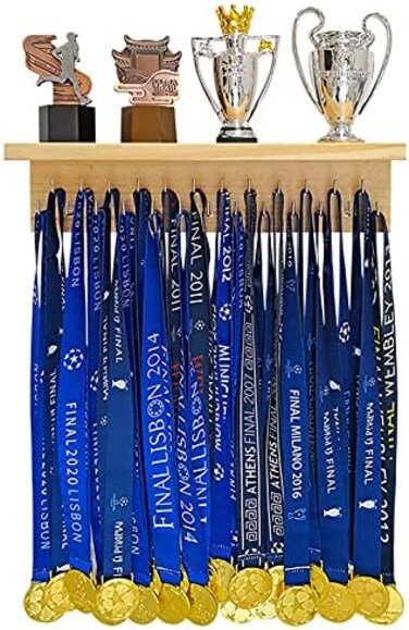 Qktxktzy Medal Hanger Trophy Shelf Display Sport Awards. Perfect All-in-1 Wooden Shelf by 25 Pcs Steel Hooks. Sturdy Medal Holders for Gymnastics Basketball Baseball Soccer Honors Wall Mount Rack Easy
