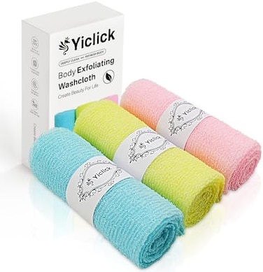 Yiclick Exfoliating Washcloth Towel [3 Pack], Japanese Exfoliating Bath Wash Cloth for Body Exfoliation, Korean Back Scrubber Washer for Shower, African Net Sponge Brush Loofah Exfoliator (Colors.