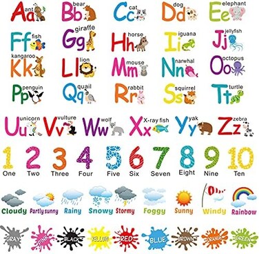Outus 6 Sheets Alphabet Number Color Weather Learning Educational Wall Decals Peel and Stick Alphabet Wall Stickers Educational Classroom Stickers for Kids Playroom Bedroom Decorations.