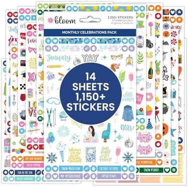 bloom daily planners Monthly Celebrations Planner Stickers for Calendar Decorating, Planning, Scrapbooking - Holiday, Seasonal,General Events (14 Sheets, 1,100Stickers per Pack.