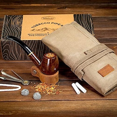 Whitluck's Tobacco Pipe with Waxed Canvas Pipe Roll, Handmade Wooden Pipe with Ultimate Beginner Guide E-Book, Travel Tobacco Bag - Smoker Gift Set and Accessories.
