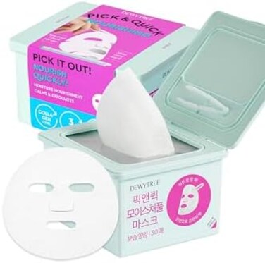 Dewytree Collagen and Ceramide Nourishing Mask Sheet, Dispenser Type, Skin Moisturizing and Firming with Sunflower Seed Oil, Rosemary Extracts- Pick and Quick Moisture Full Mask 30 Sheet.