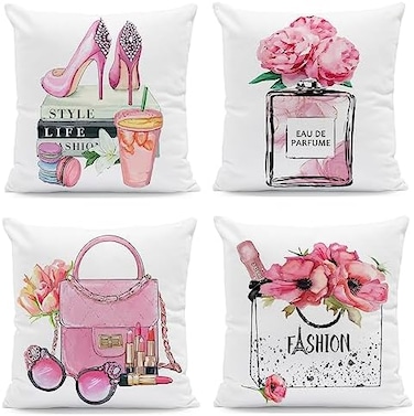 FCOZM Pink Throw Pillow Covers Fashion Women Girls Bed Decorative Pillow Covers 18x18 Perfume High Heels Drink Lipstick Book Print Couch Pillow Covers Accent Square Velvet Pillowcase Set of 4.