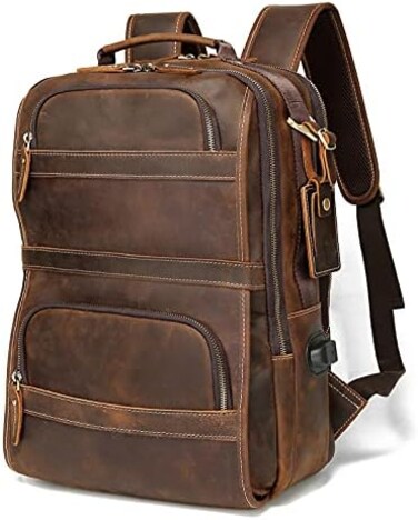 Lannsyne Vintage Genuine Leather Backpack For Men 15. 6 Inch Laptop Bag School Bag Overnight Weekender Camping Daypack Rucksack.
