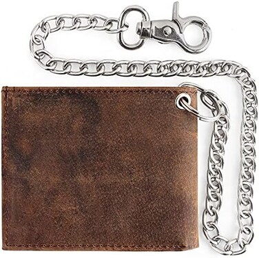 F&amp;L CLASSIC FL CLASSIC RFID Blocking Mens bi-fold Style Cowhide Leather Steel Chain Wallet,USA, buffalo vintage leather, One Size, Vintage.