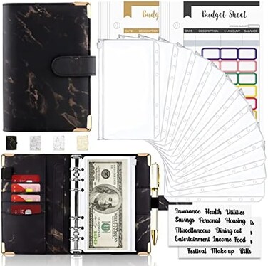 Onlyesh Budget Binder, Cash Envelopes for Budgeting, Money Organizer for Cash, 28Pcs Budget Binder with Cash Envelopes, Marble 6-Ring Money Saving Binder(Black.