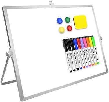ABERLLS Dry Erase White Board, 16inX12in Large Magnetic Desktop Whiteboard with Stand, 10 Markers, 4 Magnets, 1 Eraser, Portable Double-Sided White Board Easel for Kids Memo to Do List Desk School.