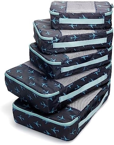TravelWise Luggage, Navy Airplanes, 1 Small, 2 Medium, 2 Large, Packing Cubes.
