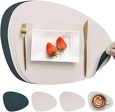 مفارش طاولة ماير جون، مفارش طاولة مزدوجة الجوانب، مفارش طاولة مقاومة للماء من الجلد الصناعي، مجموعة من 4 مفارش وأكواب، مفارش طاولة قابلة للغسل وغير قابلة للانزلاق لطاولة الطعام (بيج أخضر، مجموعة من 4)