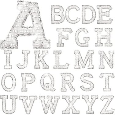 Waydress 26 Piece Rhinestone Iron On Patch A-Z White Pearl Bling Rhinestone Letter Patch Glitter Alphabet Applique Rhinestone Pearl English Letter for DIY Craft Supplies (Solid White.