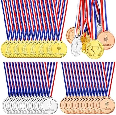 Pllieay 48 Pieces Plastic Winner Medals, Winner Award Medals, Gold Silver and Bronze Medals for Sports, Competition, Talent Show, Spelling Bee, Gymnastic Birthday Party Favors and Awards.