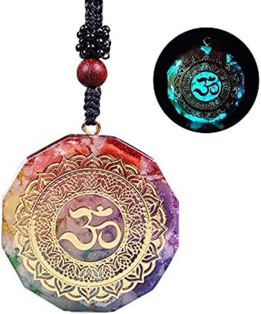 Day Day Up Orgonite Pendant Om Symbol Luminous Necklace Chakra Healing Energy Necklace Meditation Jewelry 1. 38 inch, Crystal, Agate.