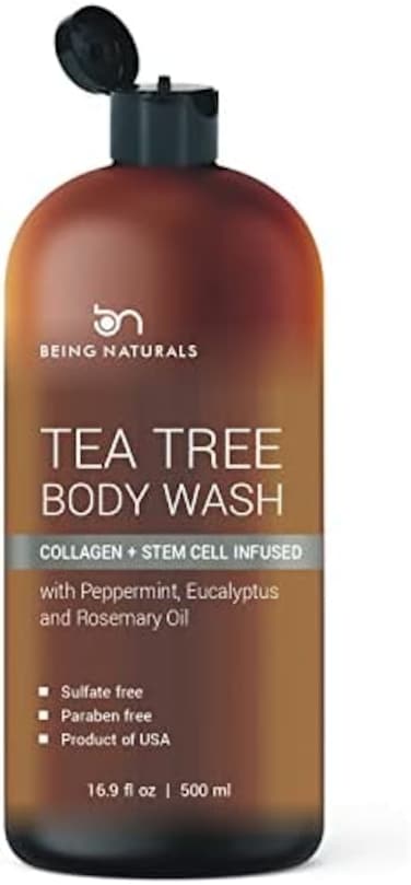 Being Naturals Tea Tree Body Wash -w/Stem Cell, CollagenOrganic TeaTree Oil Fights Body Odor, Acne, Athlete&rsquo;s Foot, Jock Itch, Dandruff, Eczema, Yeast Infection, Shower Gel for WomenMen, Skin Cleanser