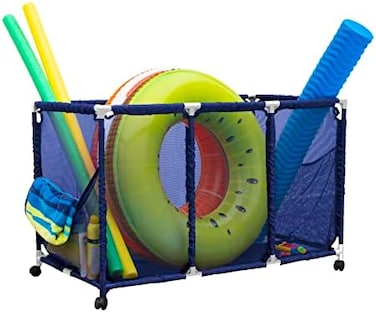 Essentially Yours Pool Noodles Holder, Toys, Floats, Balls and Floats Equipment Mesh Rolling Storage Organizer Bin, 46"x 28"x 28", XXLN, Blue Mesh/White PVC.